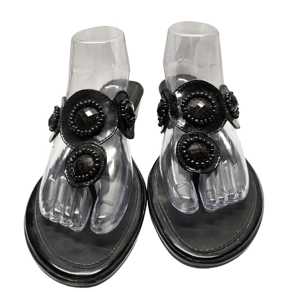 Etienne Aigner Womens Size 10 Black Brown Beaded Medallion Thong Wedge Sandals